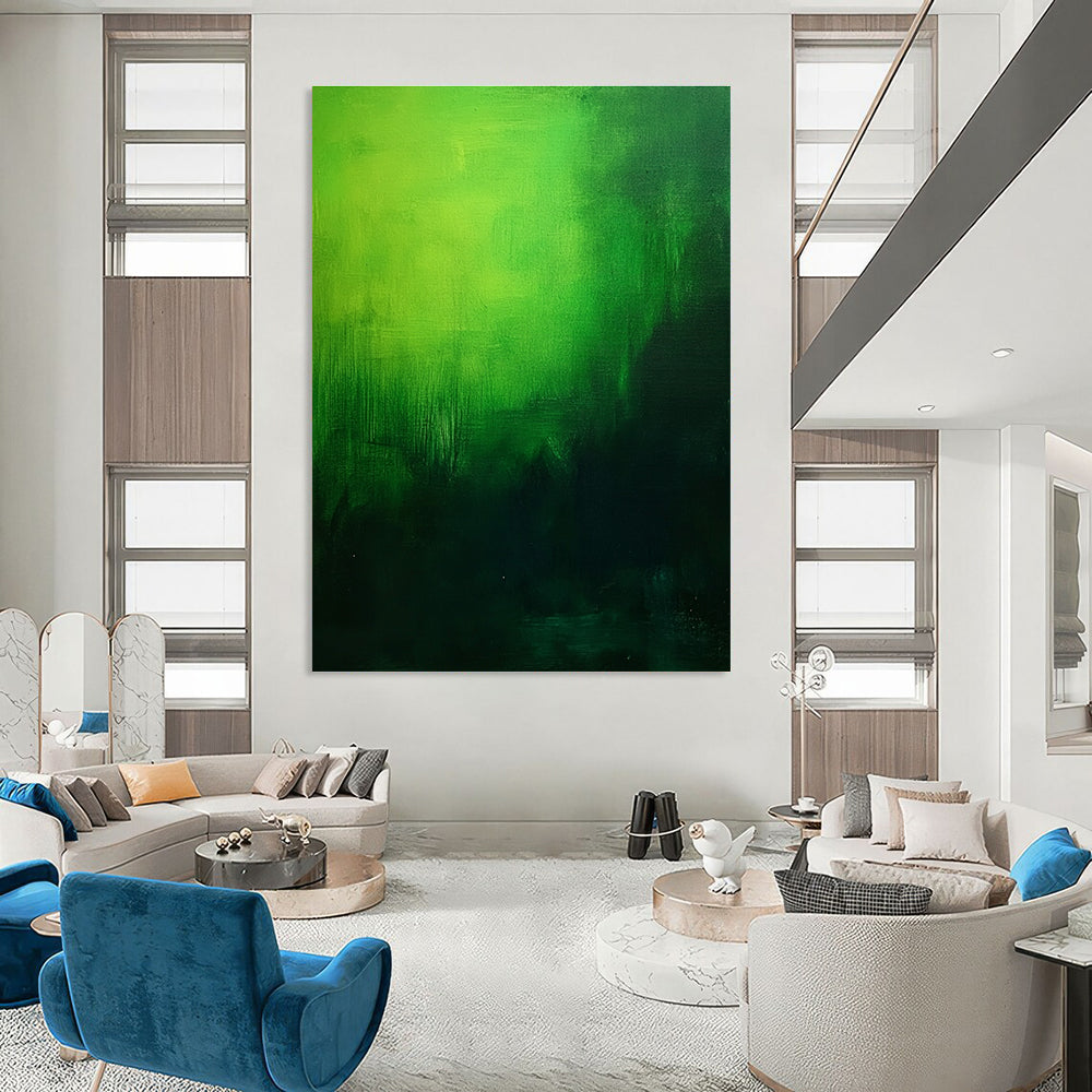 Large abstract painting featuring a green gradient on a dark background creating a moody and atmospheric foggy effect in oil on canvas.STSC310