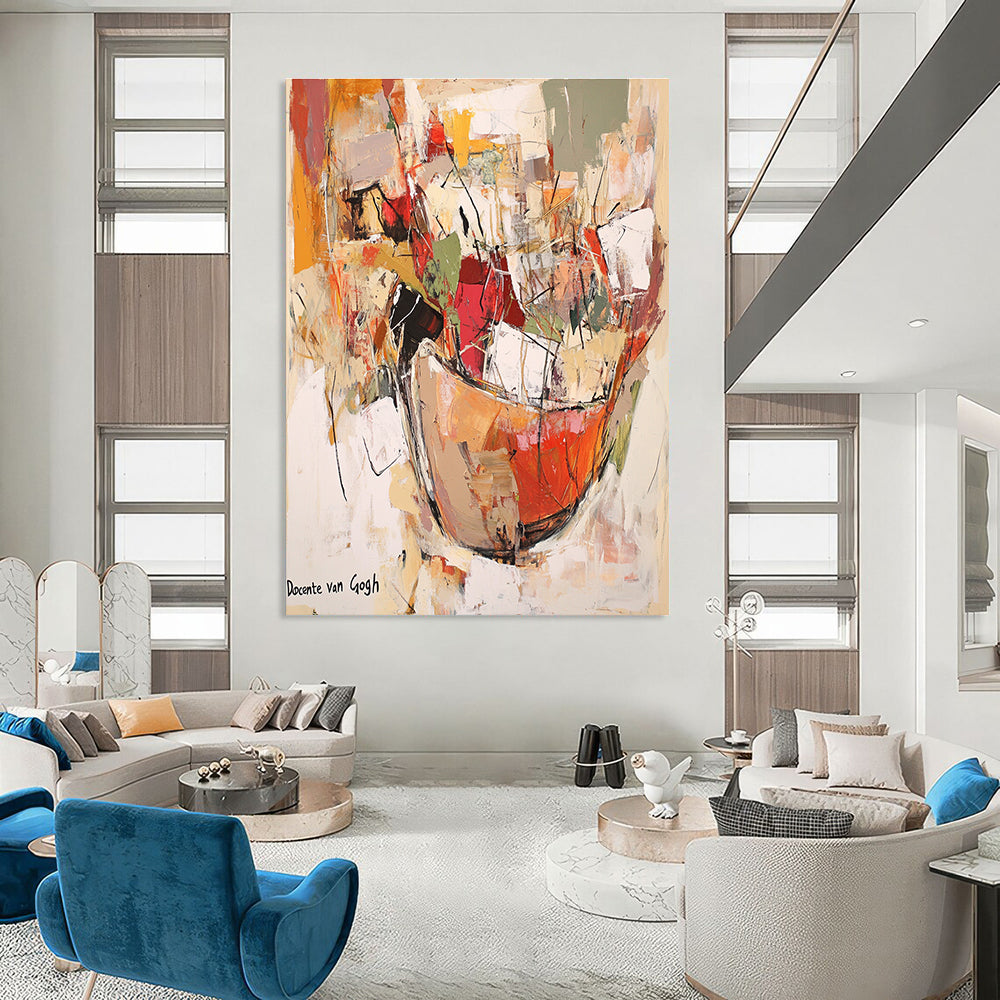 Large abstract painting featuring an earthenware jar overflowing with vibrant fabric and paper, set against a soft neutral background with floating elements.STSC639