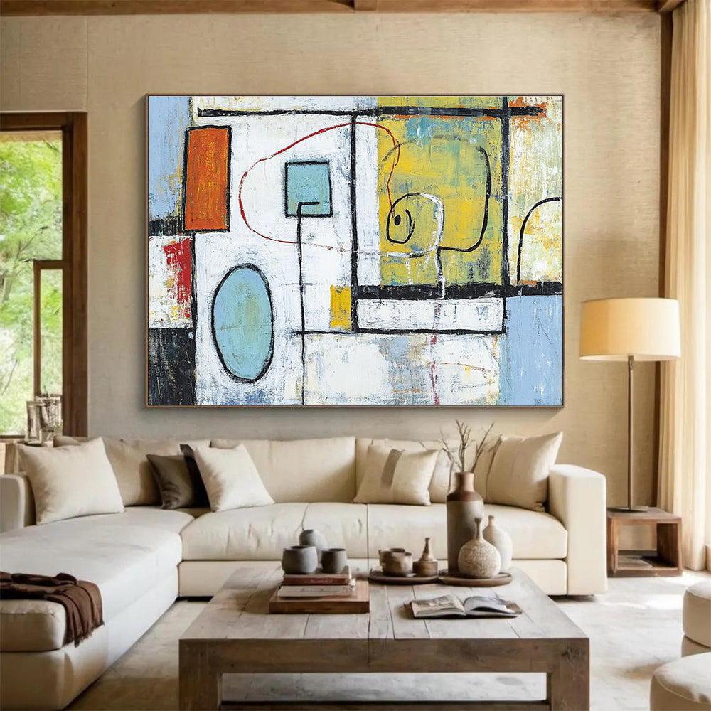 Large abstract painting featuring light blue white and green shapes with red lines yellow forms and black outlines set against a soft orange black background.SC194