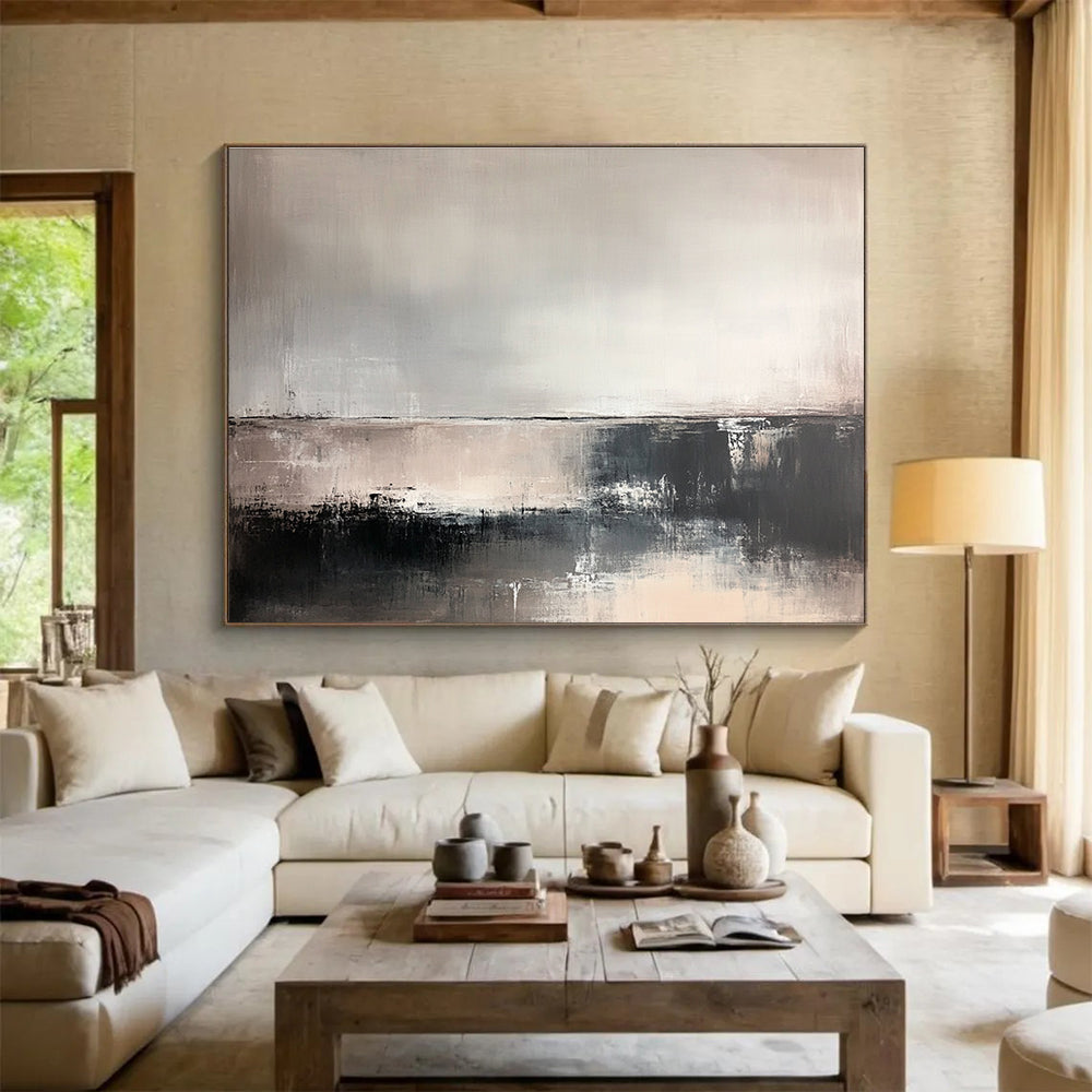Large abstract painting in soft neutral tones featuring deep textures and a faint horizon line, evoking tranquility and contemplation in an abstract landscape.SC382