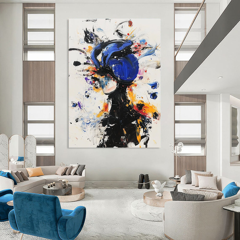 Large abstract painting featuring an anime character in a blue helmet and black outfit surrounded by colorful floating objects and expressive movements.STSC636