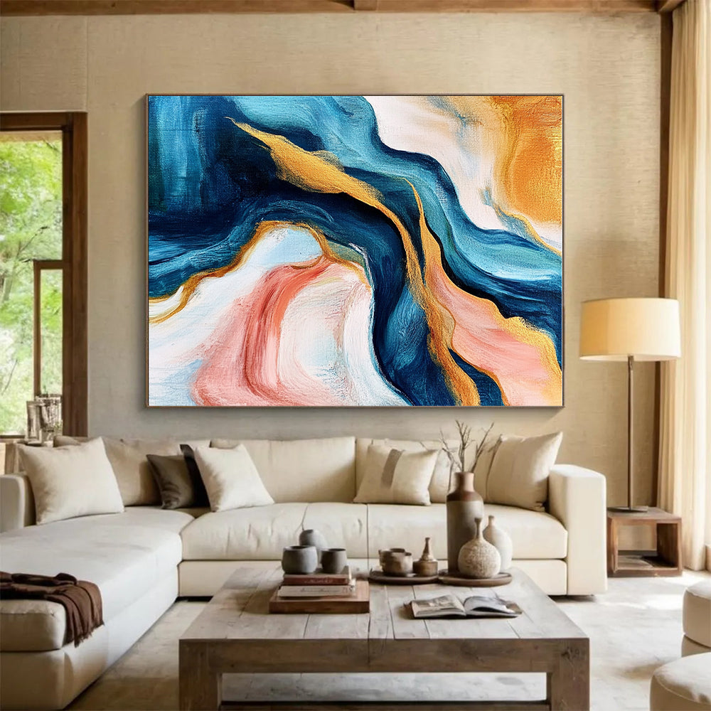 Blue and Gold Abstract Painting with Flowing Motions GER464