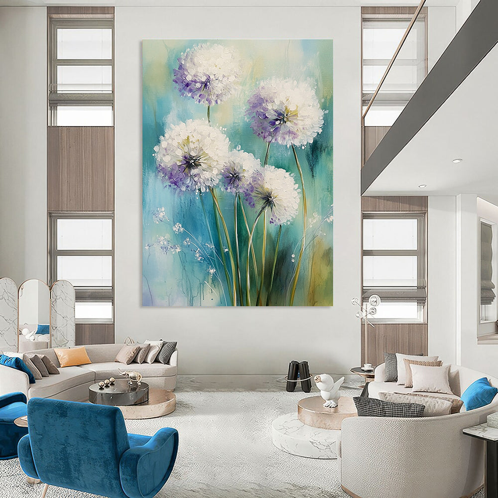 Abstract painting featuring white alliums with light purple accents on a soft greens and blues background, evoking a dreamy spring atmosphere.STSC1468