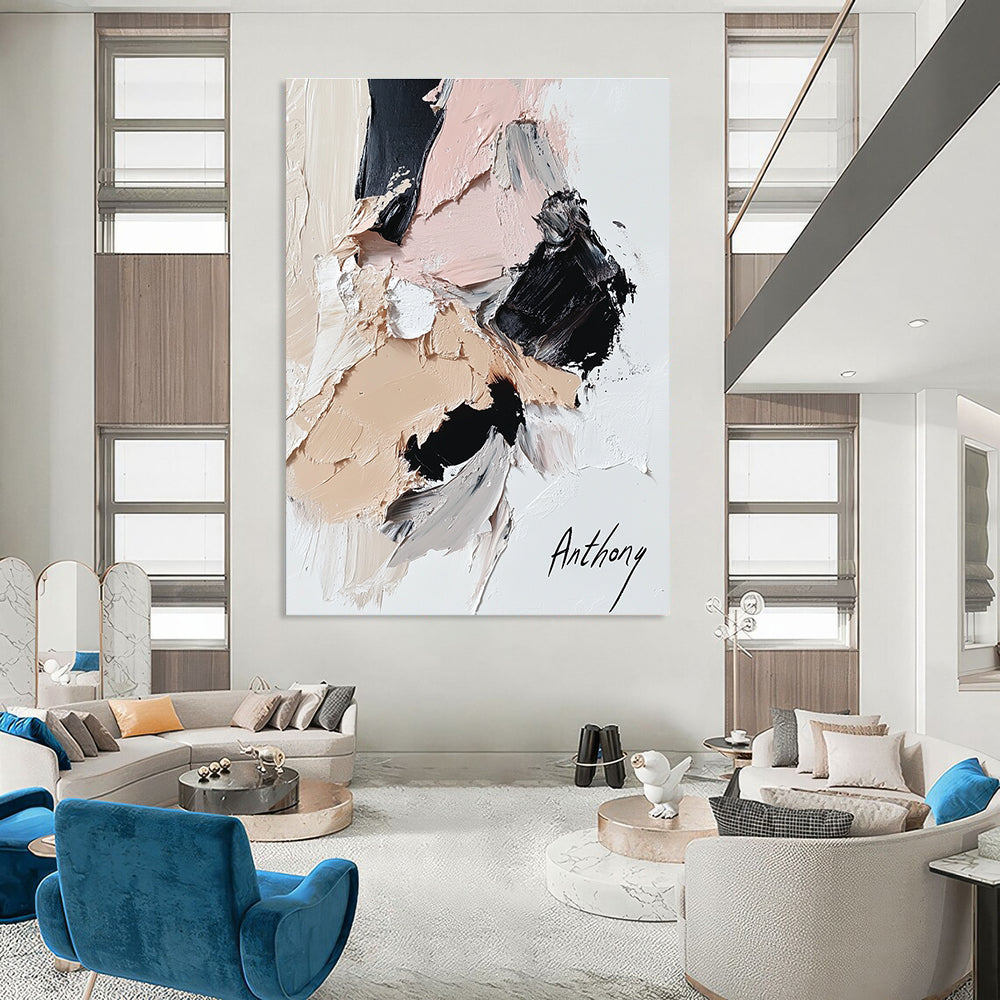 Large abstract painting featuring an anthropomorphic cat in black and beige with pink accents thick impasto style on white background.STSC257