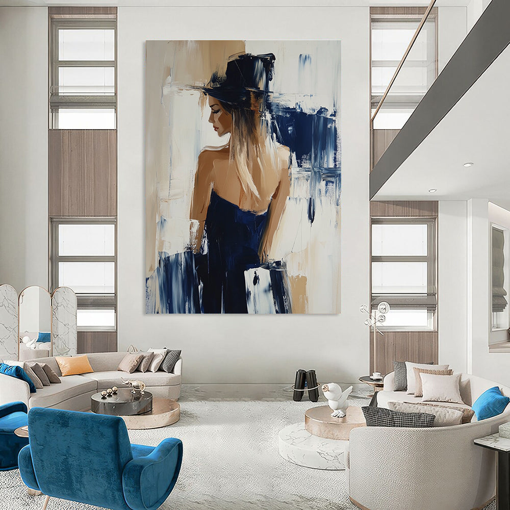 Abstract oil painting featuring a woman in Hunkemöller collection with beige and navy hues showcasing dynamic brushstrokes in Richard Schmid's style.STSC176
