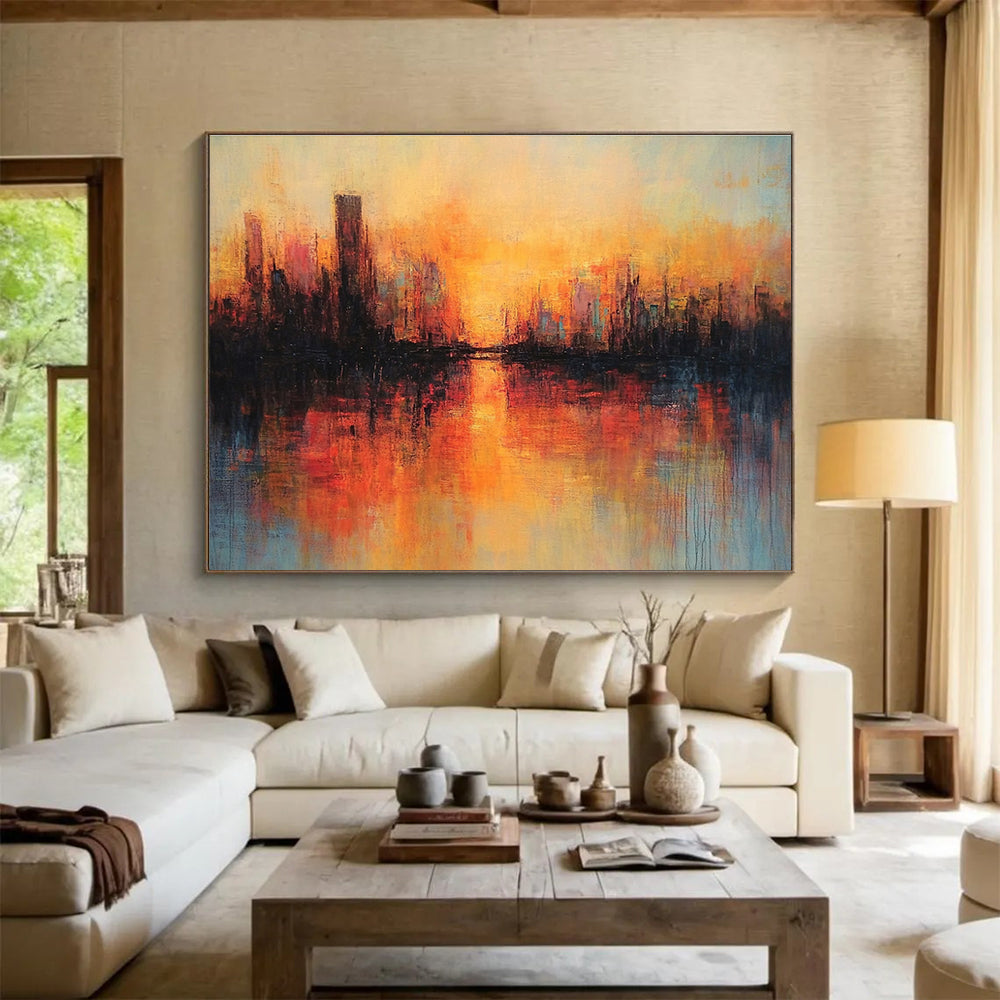 Cityscape Sunset Abstract Painting with Warm Color Palette DYP198