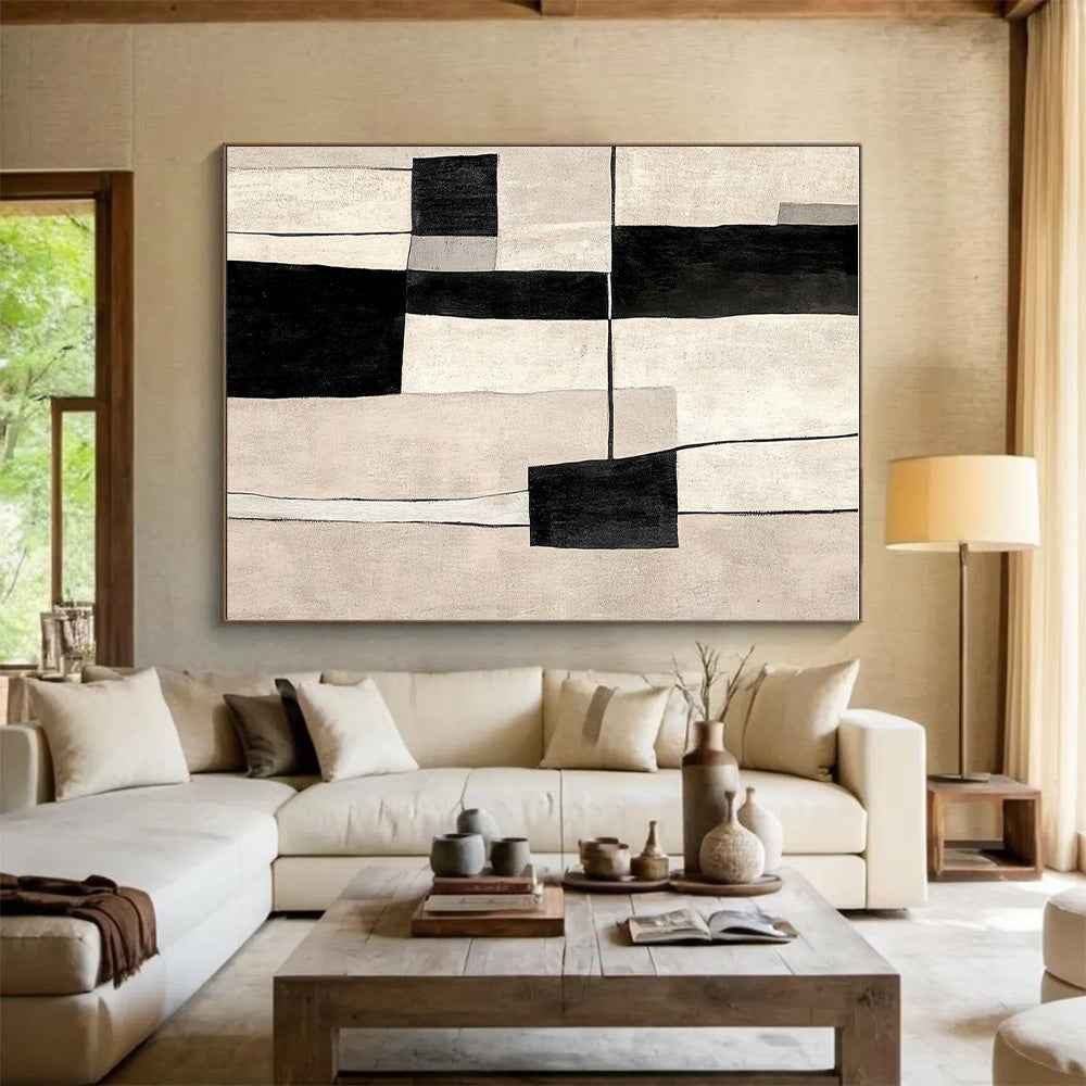 Black White Geometric Blocks Abstract Painting GER862