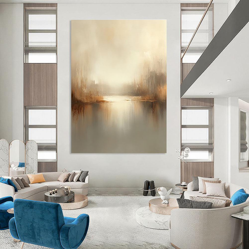 Large abstract painting in soft beige and gray tones with blurred edges and tranquil mood creates a serene atmosphere for modern art lovers.STSC102