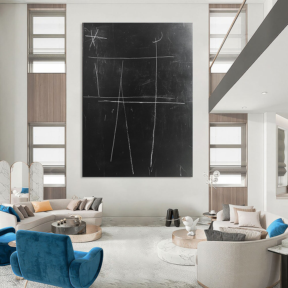 A large abstract drawing featuring simple lines and thick white chalk textures on a black chalkboard, inspired by Matisse's minimalism.STSC1061