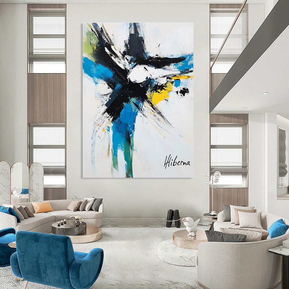 Large abstract painting featuring dynamic brush strokes in white black blue yellow and green capturing an animal in motion signed Hiberna.STSC1097