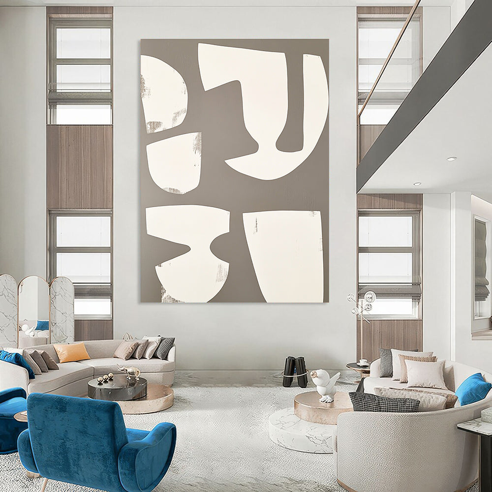 Large abstract artwork featuring white shapes on a grey background inspired by minimalist cubist style reminiscent of Henri Matisse.STSC1491