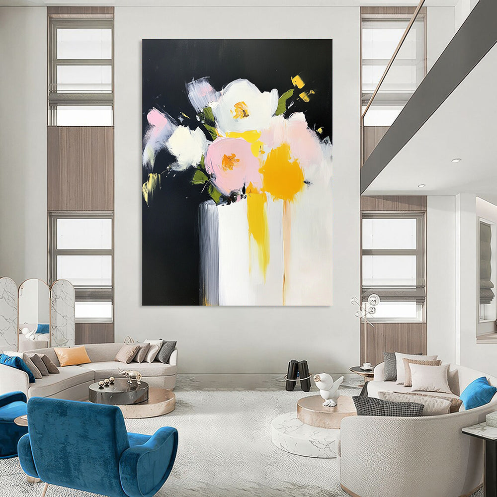 Large abstract oil painting of flowers in a vase with bold strokes in yellow and pink against a white background.STSC183