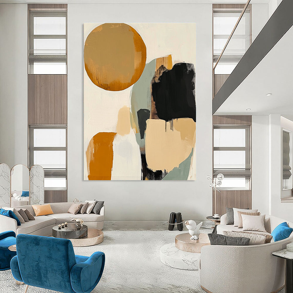 Large abstract artwork featuring earthy tones with circles and ovals surrounded by soft gray lines against a white background for an elegant look.STSC475