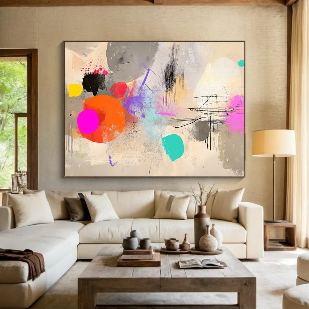 Large abstract artwork featuring digital collage with neutral tones, dynamic shapes, and vibrant colors, ideal for modern decor.SC042