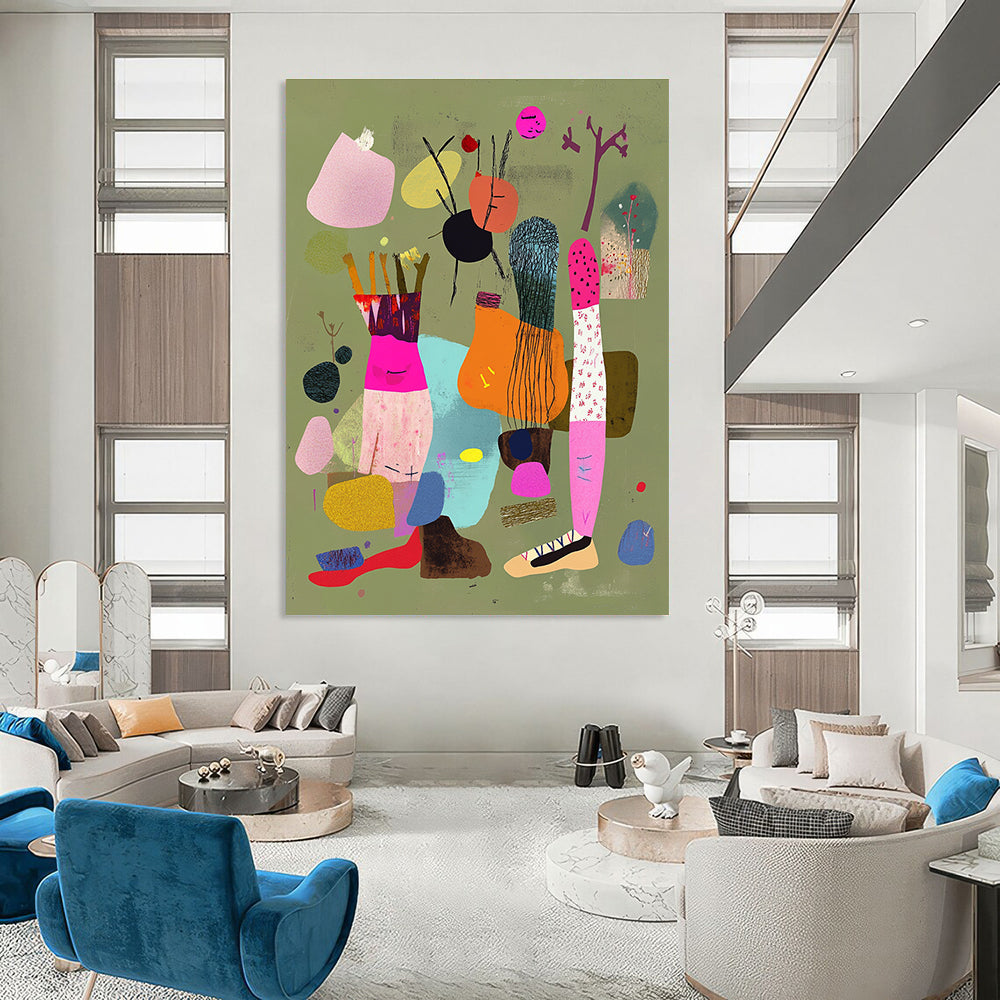 A large abstract collage featuring colorful legs with shoes and ropes against a light greenish brown background embellished with pink accents and floating fabric.STSC972