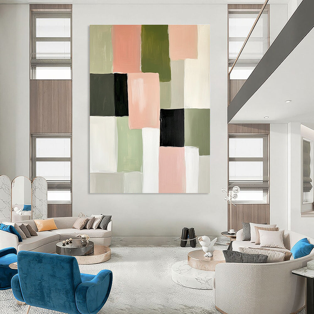 Abstract painting featuring soft pink green and white blocks of color creating an elegant minimalist composition perfect for modern decor.STSC448