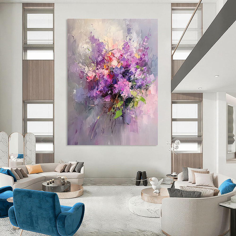 Large abstract oil painting of lilac flowers with purple petals and pink leaves on a light background featuring rich details and delicate textures.STSC926
