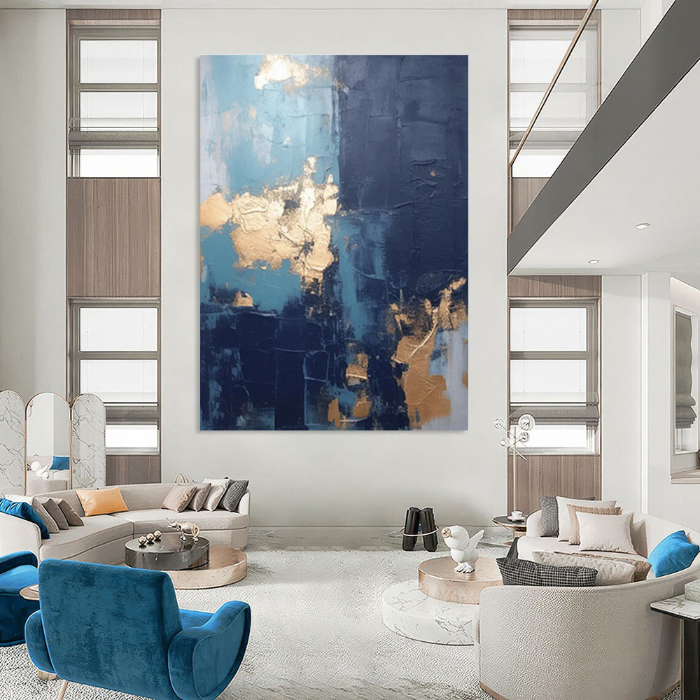 Blue and Gold Textured Abstract Painting with Dark Accents ADGE130