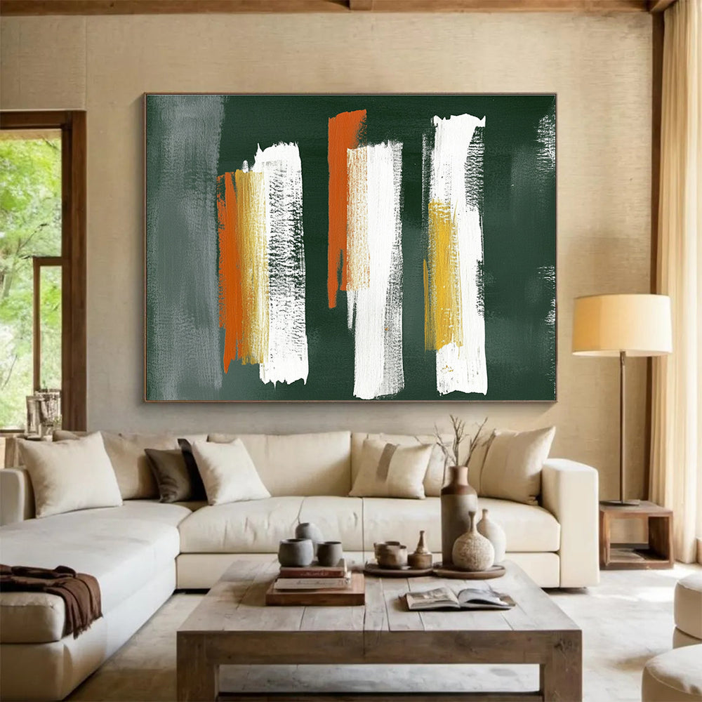Large abstract painting featuring five vertical brushstrokes in gray white and orange on textured dark green paper in the style of Peter Lefferts.SC494