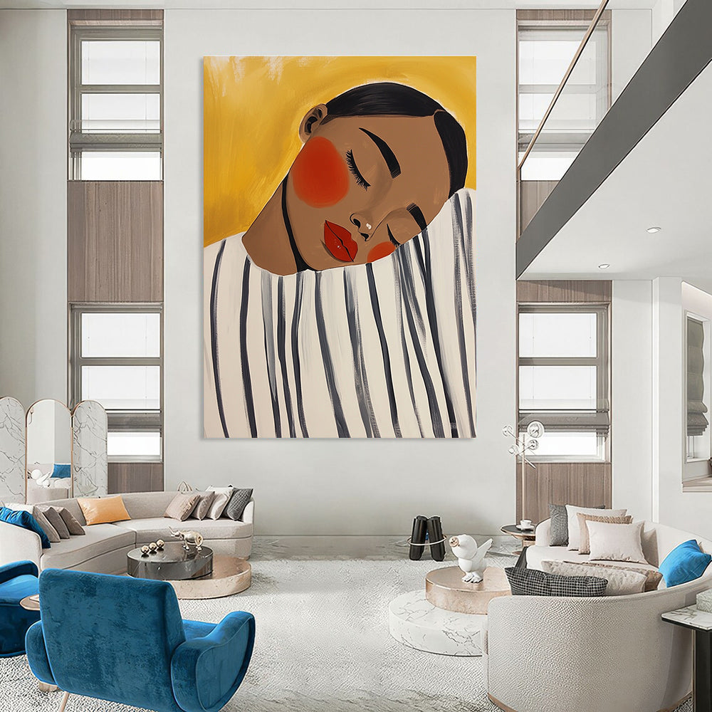 Large abstract painting featuring an African American woman resting her head on a whimsical oversized black and white striped shirt in soft acrylics.STSC536
