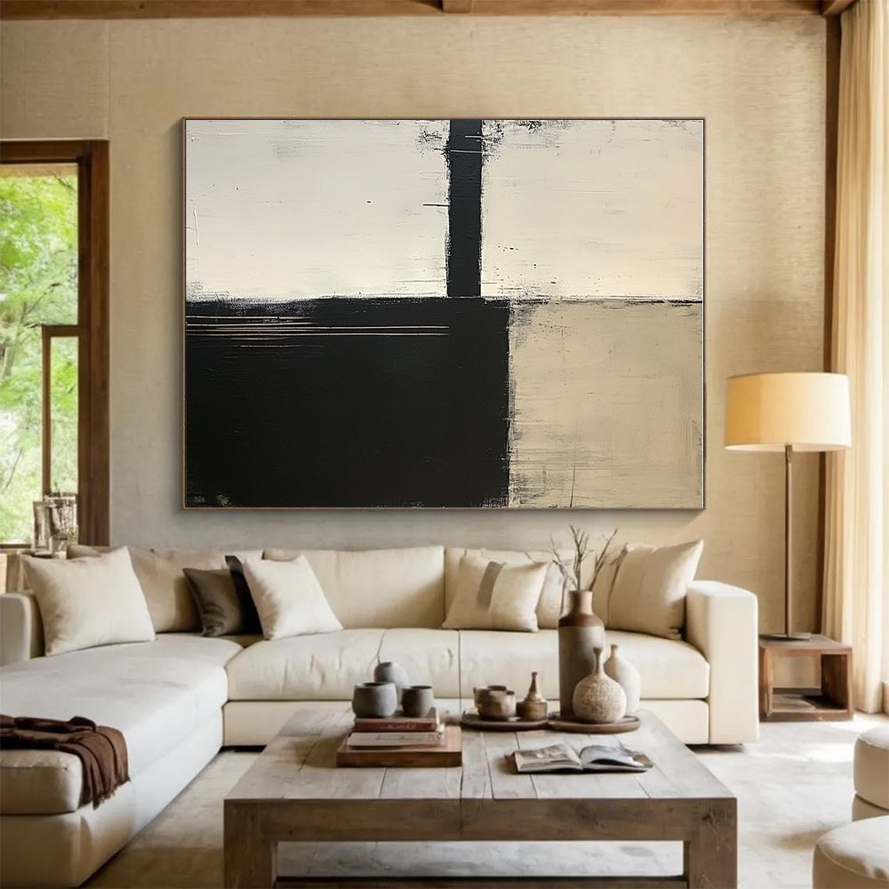 Black and White Minimalist Abstract Painting with Geometric Forms GER650