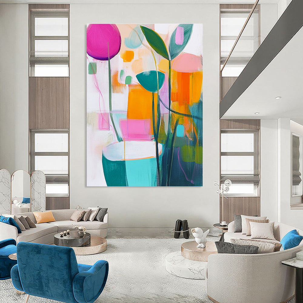 A large abstract painting featuring vibrant pastels of pink green yellow and orange on a white background that captures the essence of springtime.STSC1180