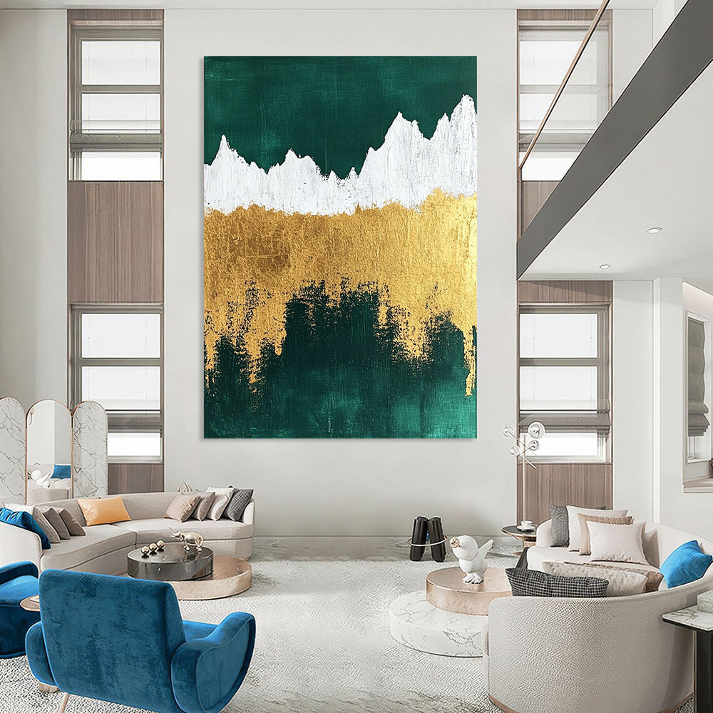 Abstract painting featuring metallic gold foil texture with emerald green background and white mountain silhouette for a striking visual impact.STSC067