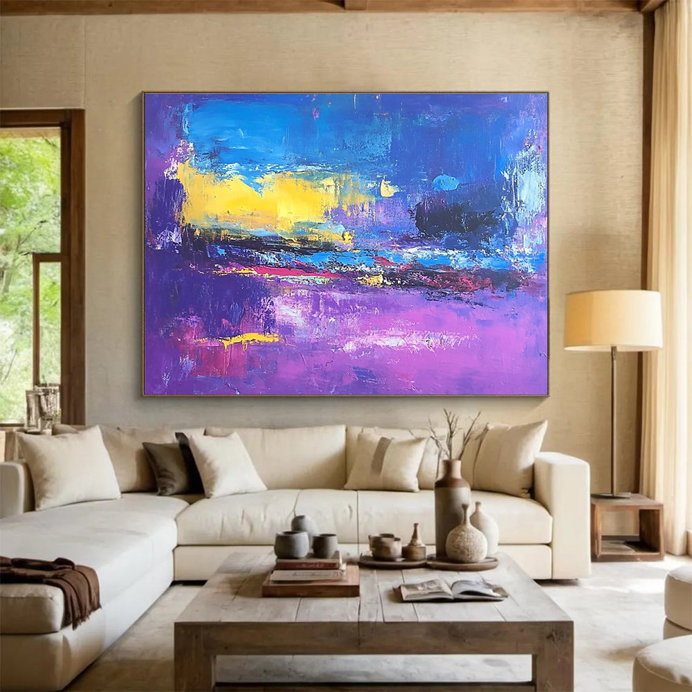 Large abstract painting depicting a violet and blue landscape inspired by Richard Diebenkorn's style.SC044