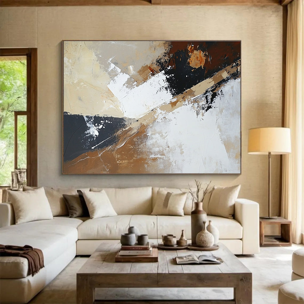 Beige Black White Abstract Painting with Dynamic Angles DYP486