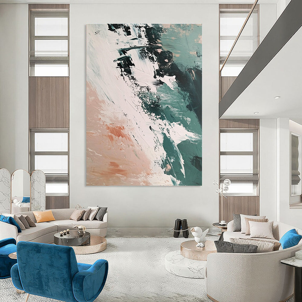 Large abstract painting capturing the Arctic sea's ice and earth with vibrant brush strokes in a beige teal and pink palette.STSC1437