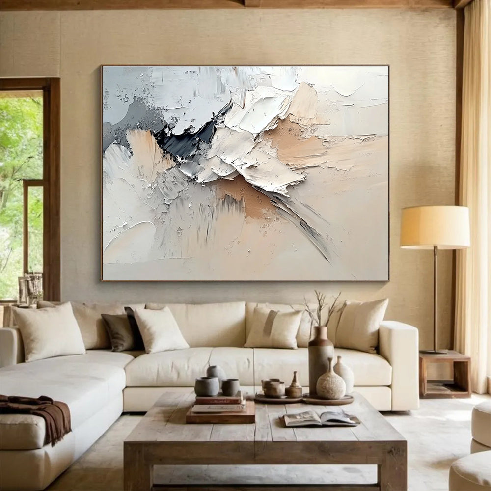 Large abstract painting featuring dynamic white, gray, and beige swirls in a neutral color palette reminiscent of Zao Wou-Ki.SC135