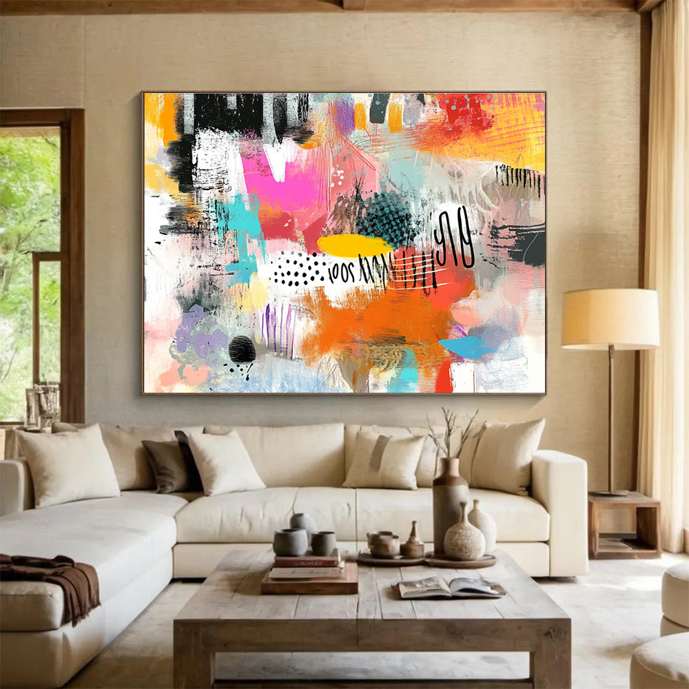 A large abstract painting featuring vibrant colors bold strokes dynamic shapes playful elements and a lively essence reflecting contemporary youth culture.SC508
