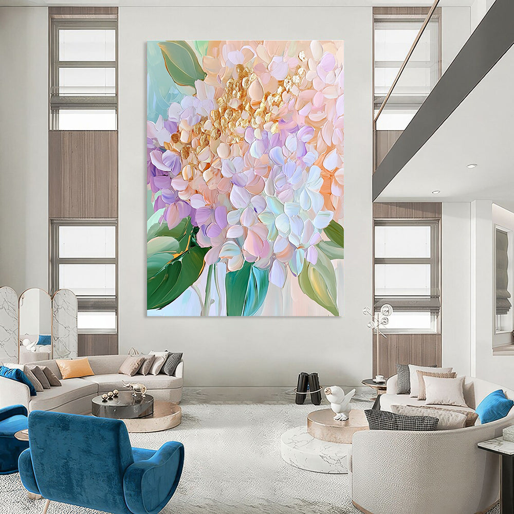 Large abstract painting of pastel hydrangeas featuring golden petals and delicate textures in soft pinks greens and blues.STSC1153