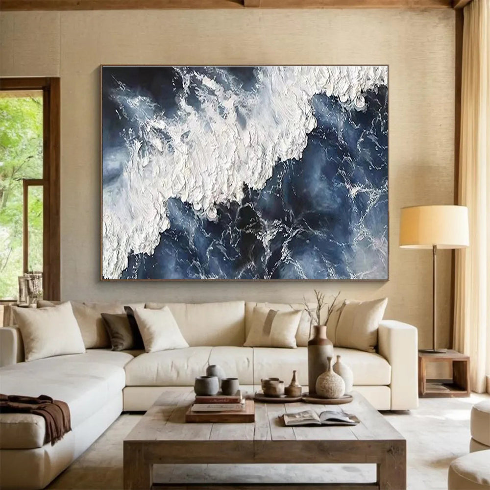 Dynamic Ocean Wave Abstract Painting with Bold Blue and White THY252