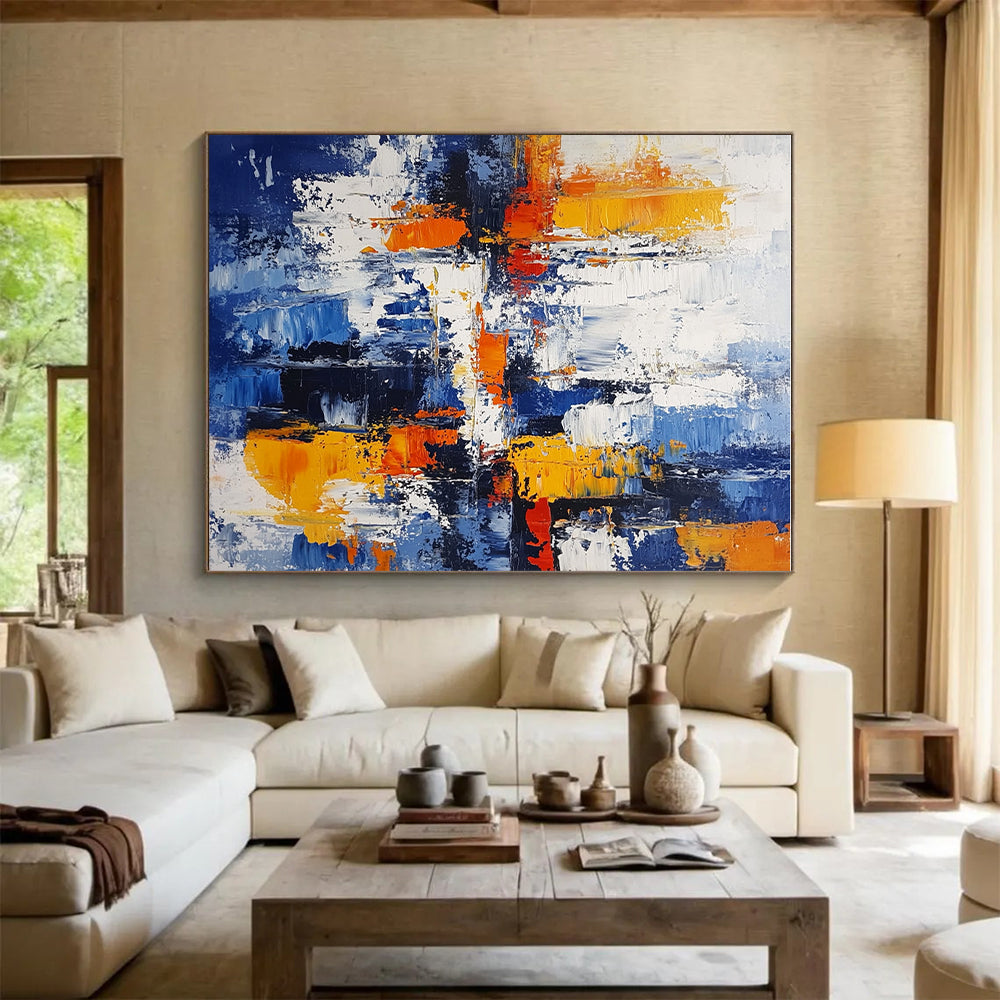 Blue Orange Abstract Painting with Textured Layers GER711