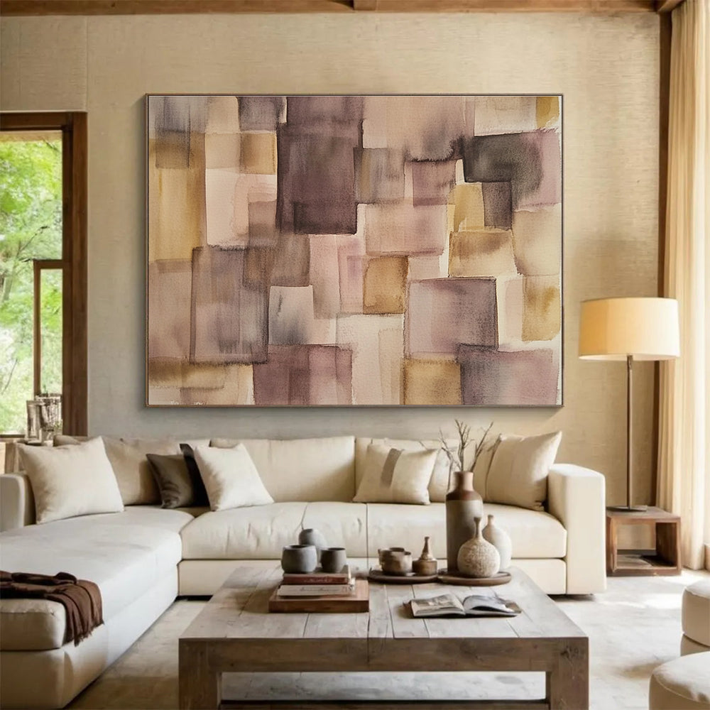 Large abstract watercolor artwork in soft pastel earth tones featuring a minimalistic patchwork design with an open central space ideal for modern decor.SC620
