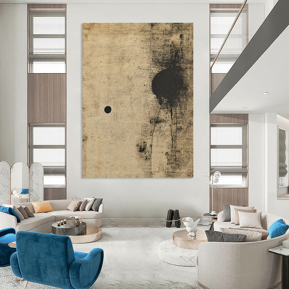 Large abstract painting of an animal in beige and black with antique texture soft edges and minimalist aesthetic.STSC635