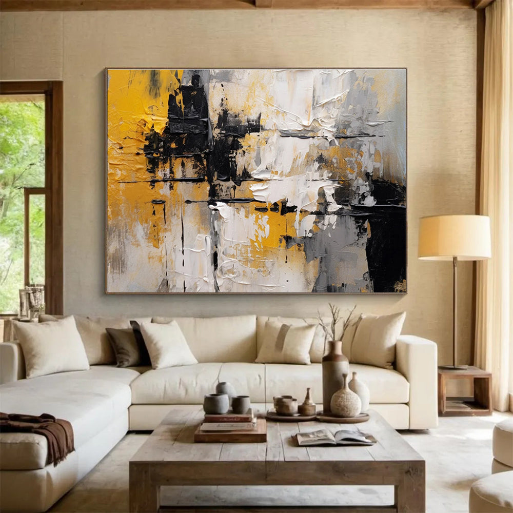 Yellow Black White Abstract Textured Painting THY084