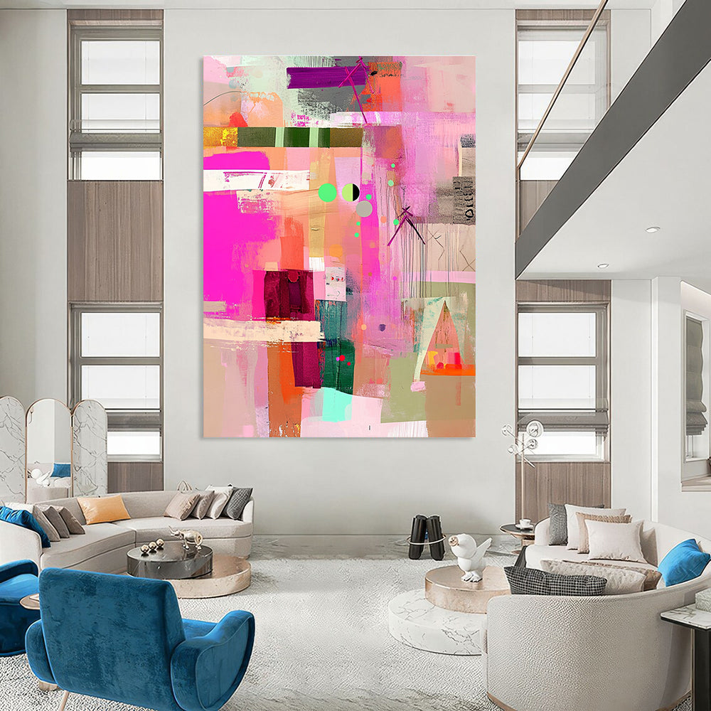 Large abstract painting featuring pink green and beige with playful textures patterns and a whimsical vintage style.STSC786