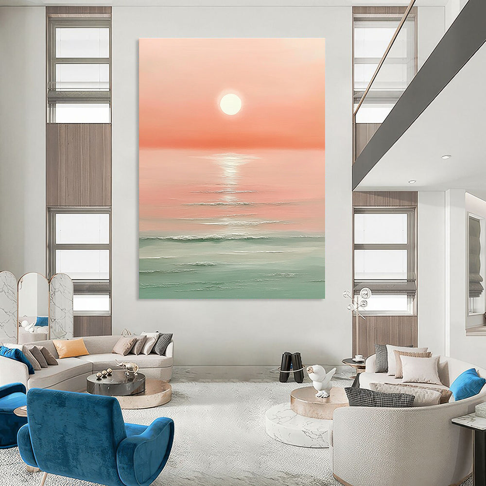 Large abstract painting featuring a pink sunset over the ocean with a white sun and soft muted colors.STSC1424