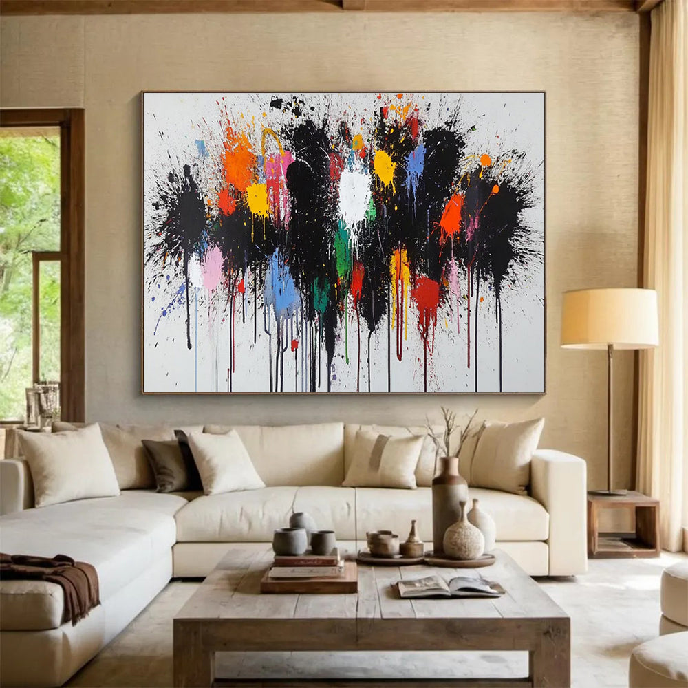 Color Splash Abstract Painting with Black, Colorful Drips THY193