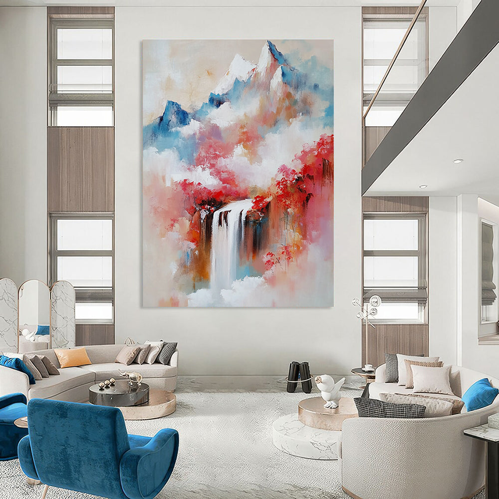 Large Abstract Oil Painting Featuring Mountains Waterfalls and Misty Atmosphere in Shades of Red and Pink With Delicate Brushstrokes.STSC171