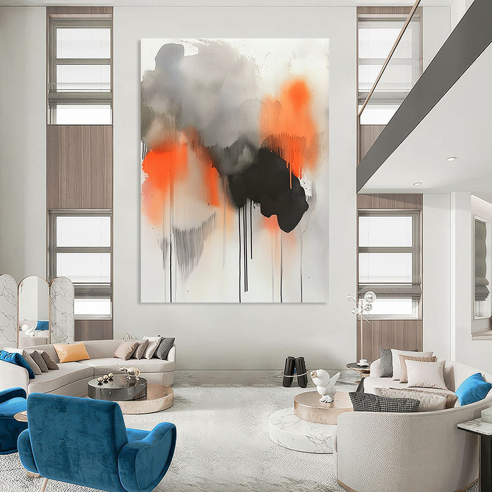 Large abstract painting featuring gray orange and black paint drips with watercolor clouds and smoke elements for a striking visual impact.STSC758
