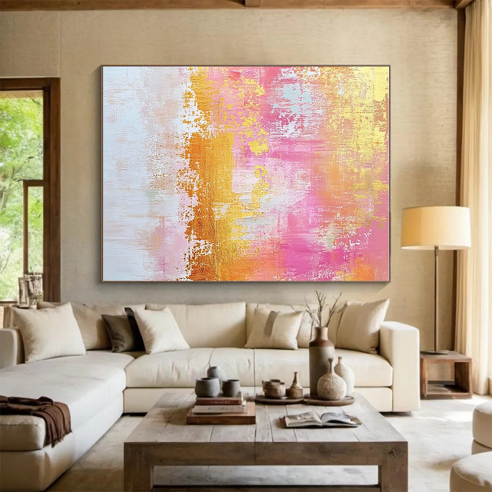 Pink and Gold Abstract Painting with Shimmering Textures GER451