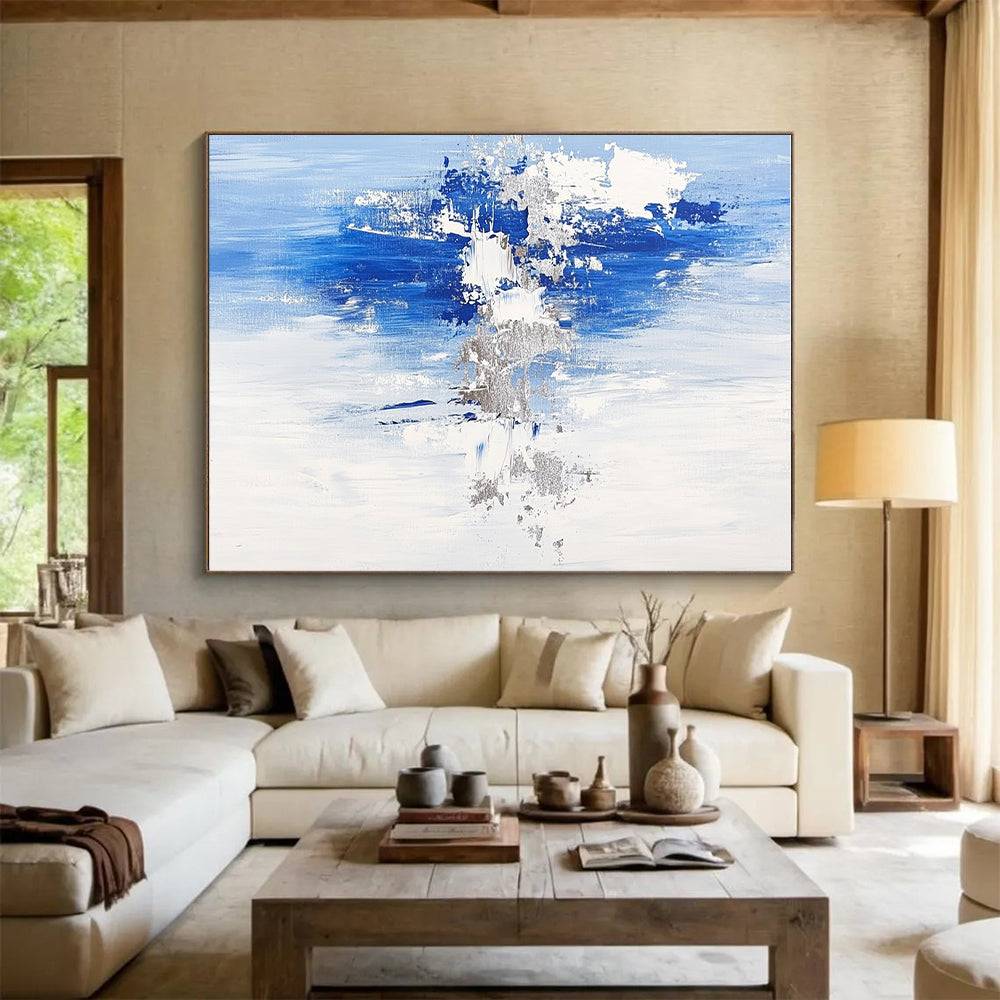 Blue and Silver Abstract Painting with Subtle Textures GER391