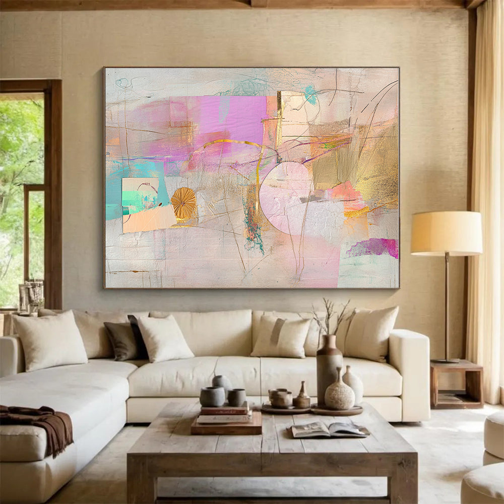 Gold Pink and Teal Pastel Abstract Collage Art GER199