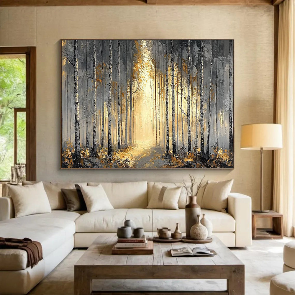 Misty Forest Abstract Painting with Grey and Gold Tones THY159