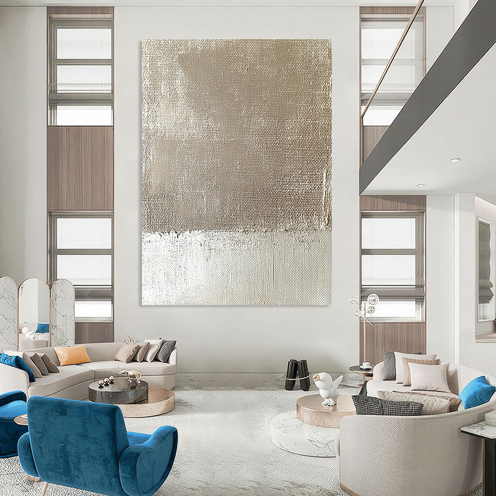 Abstract minimalist painting featuring an old wall with burlap fabric and tattered edges in muted beige and cream tones.STSC565