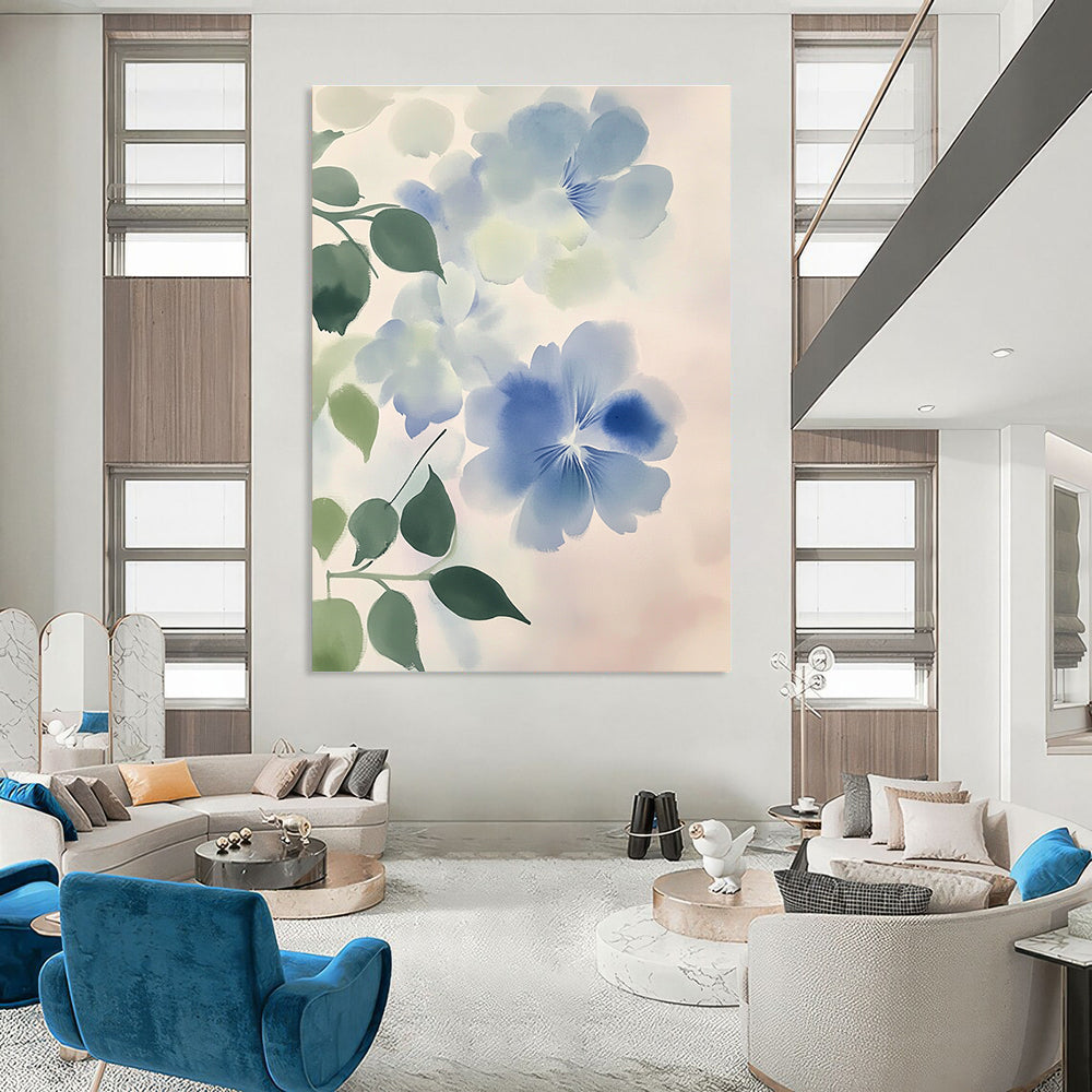 Large abstract watercolor painting of light blue and white flowers with green leaves against a soft gray gradient emphasizing fluidity and movement.STSC1050