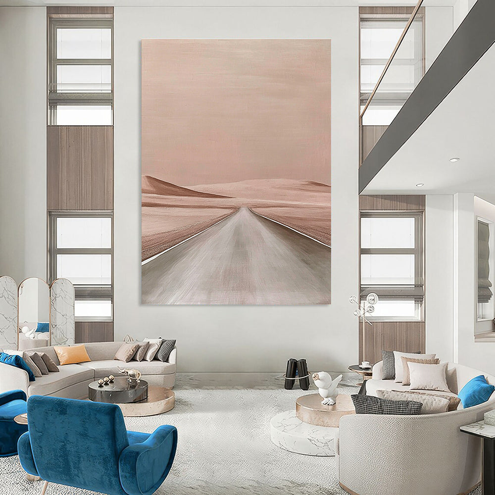 Large abstract painting of a minimalist desert road in a beige color palette inspired by Aron Wiesenfeld and John Larriva.STSC1166